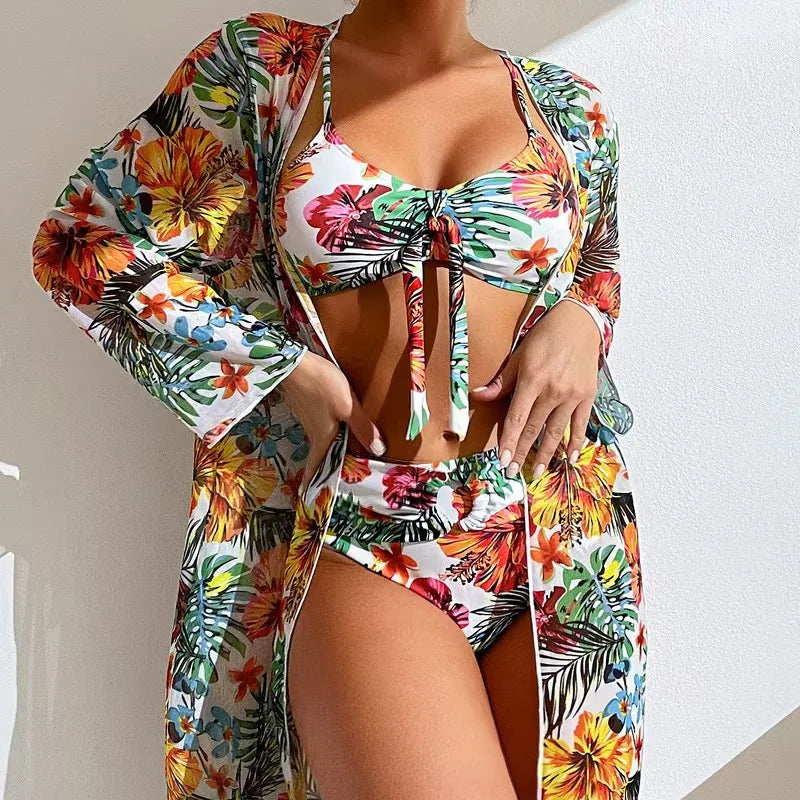 Bohemian Print Sexy Bikini 3 Pieces Floral Printed Swimsuit Women High Waisted Bikini Set With Mesh Long-Sleeved Blouse Swimsuit