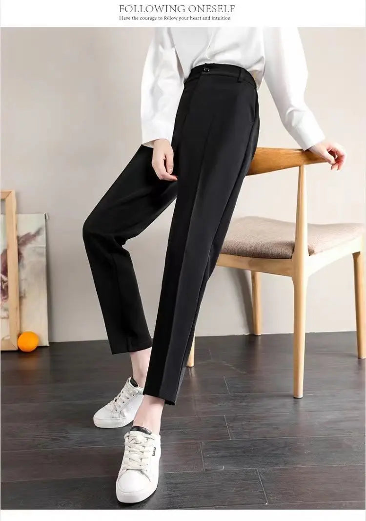 Fashion Office Pocket Black Loose Ankle-Length Pants Women New High Waist Korean Zipper Button All-match Lady Straight Trousers