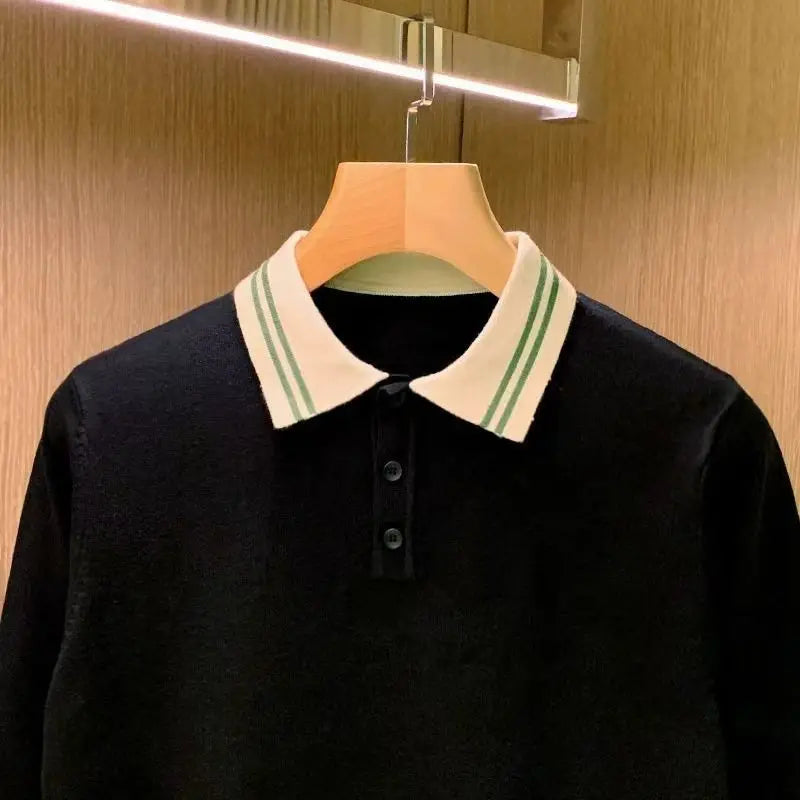 Spring Autumn Men's Light Luxury turn-down collar Knitted Polo Shirt Solid Color Long-sleeved Pullover Knitwear Streetwear