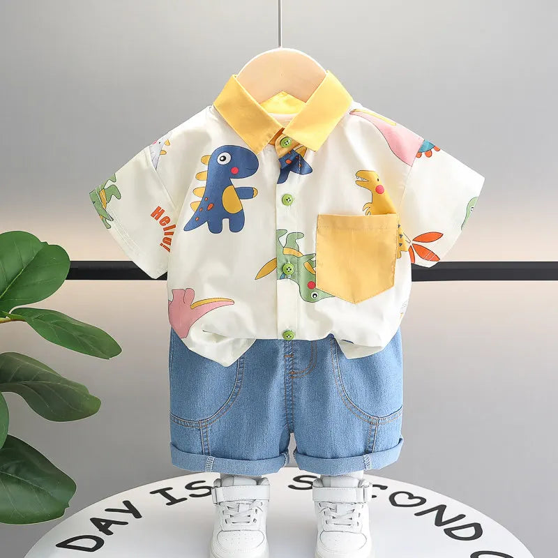 Children Print Dinosaur Shirts Denim Shorts 2Pcs/Set Kids Fashion .