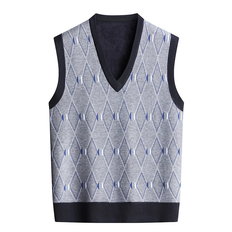 Men‘s V-neck Sweater Vest Autumn Winter Fleece Lining Knit.