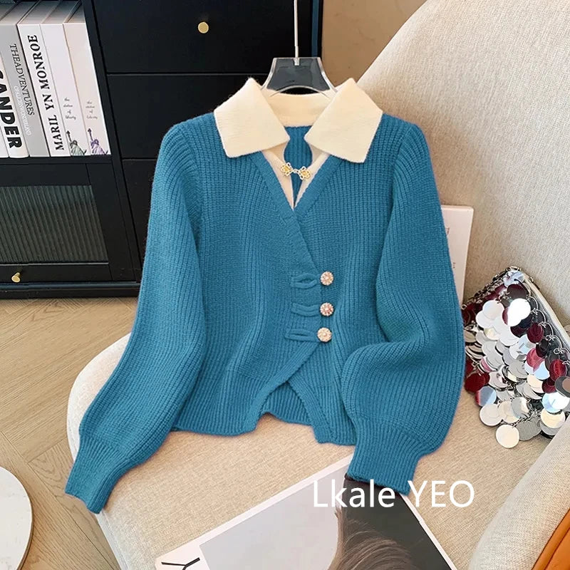 New 2025 Autumn Winter Design Splicing Slim Women Knitted Cardigan Sweater Jacket Fashion Fake Two Items Loose Ladies Top