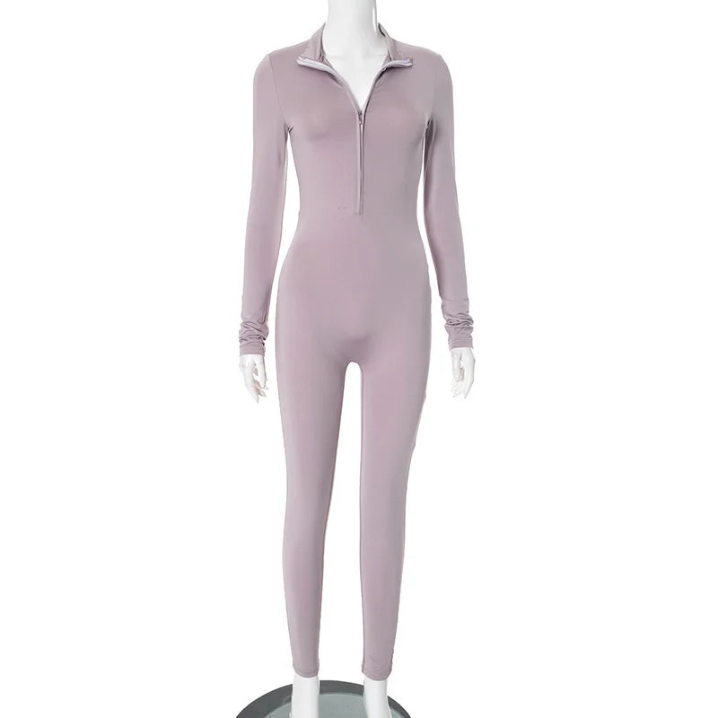 Shestyle Solid Women 2025 Fitness Bodycon Jumpsuit Zipper Fly Mock Neck Work Out Clothes Hipster Violet Sexy Stretchy Stylish