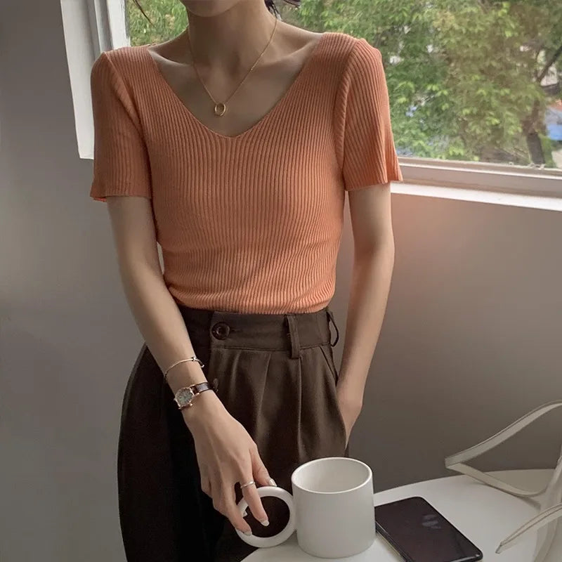 V-neck Solid Thin Summer Women Pullover Female Knitted Ribbed Sweater.