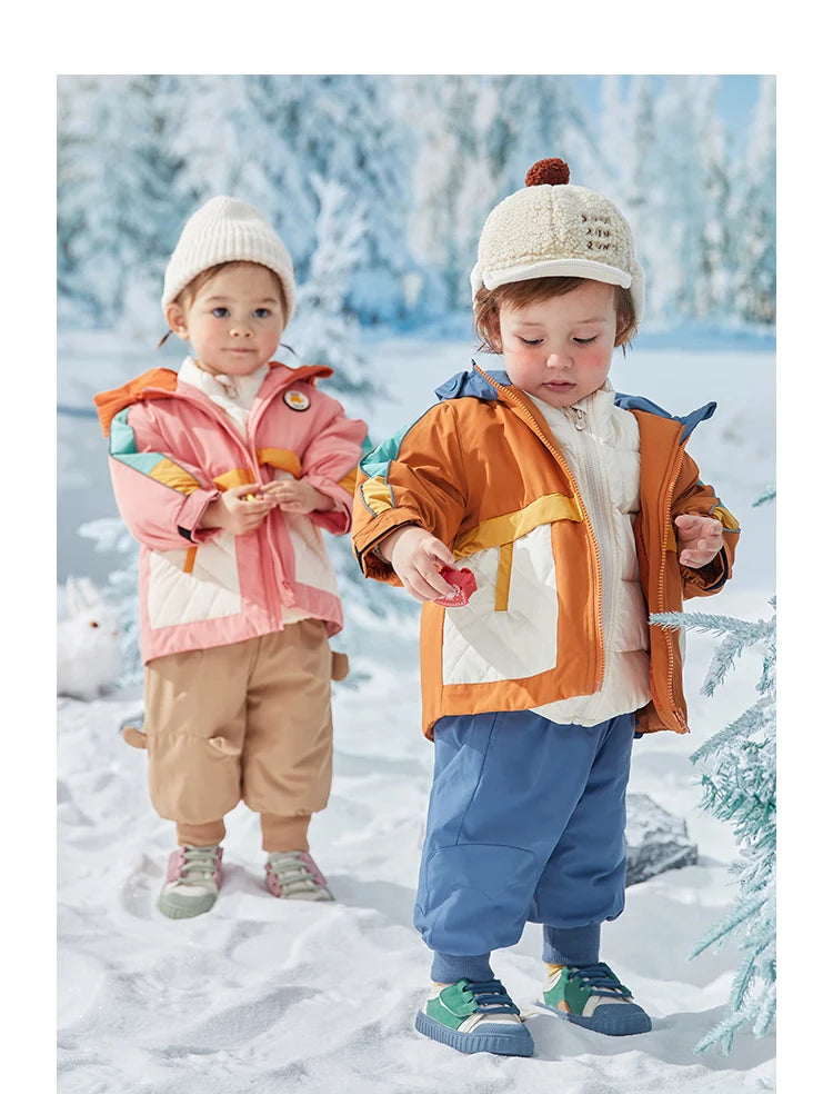 Amila Baby Down Jacket 2024 Winter New Boys Girls Fashion Patchwork Hooded Warm Overcoat Three in One with Pockets Kids Clothing