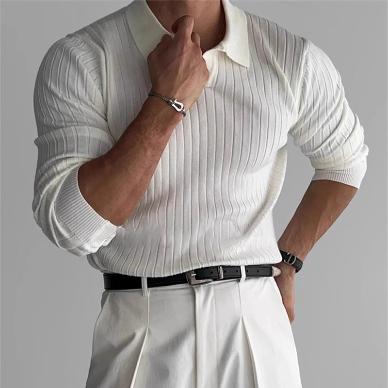 Men's Fashion Luxury V-neck Knitted Jacquard Polo Shirt Solid Color Long-sleeved Korean Popular Leisure Knitwear 2025 New Autumn
