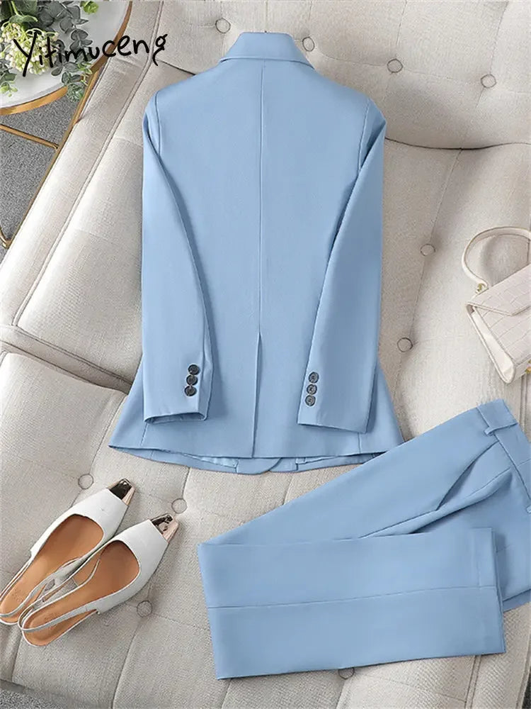 Office Lady Single Button Blazer Chic High Waisted Pants 2 Piece Set.