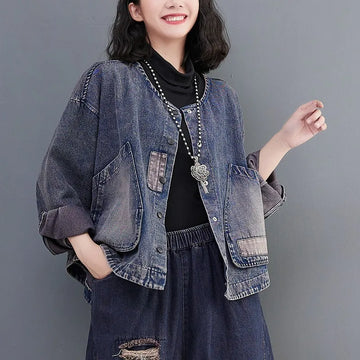 Women Long Sleeve  Denim Jackets Big Pocket Vintage Blue Short Coat .