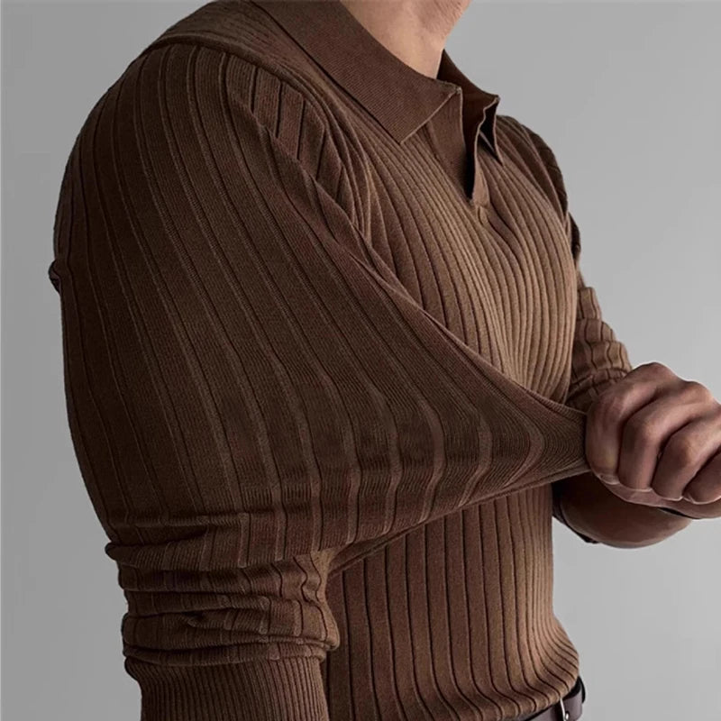 Men's Fashion Luxury V-neck Knitted Jacquard Polo Shirt Solid Color Long-sleeved Korean Popular Leisure Knitwear 2025 New Autumn