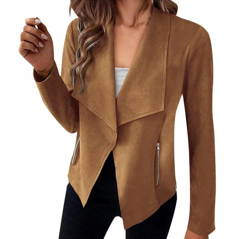 Women's Suit Jacket Solid Suede Lapel Zipper Pocket .