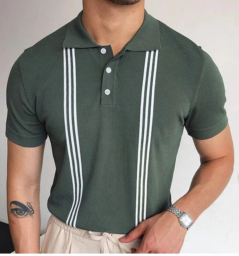 Men's Polo Shirts Vintage Striped Lightweight Knit Golf Shirts Classic Casual Short Sleeves Tops Male Business Social Shirt