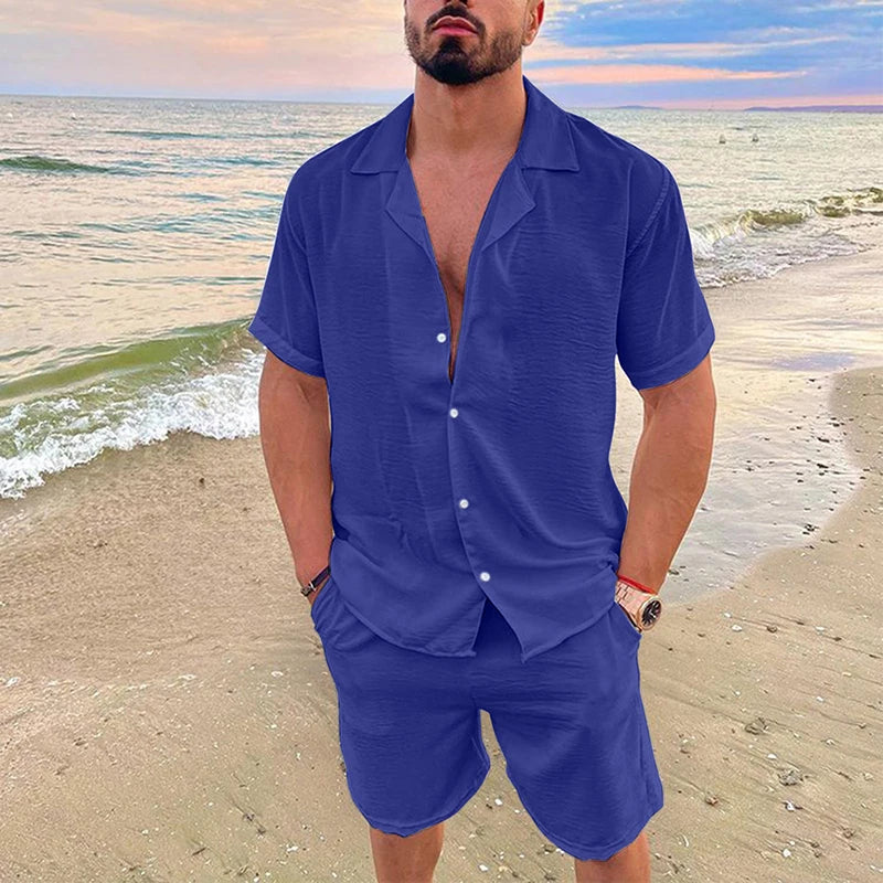 Men's Summer Casual Loose Two Piece Sets Beach Solid Cotton .