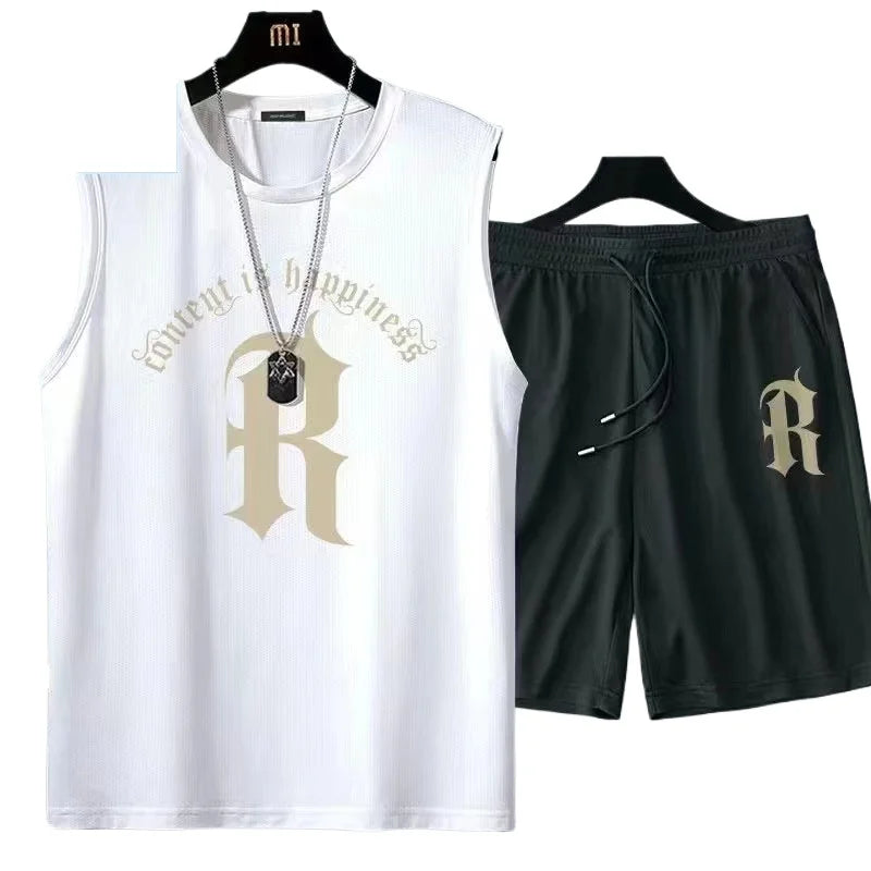 Men's Sleeveless T-Shirt Shorts Set Casual Hollow Tank Top + Shorts hole Hollow Quick Male Breathable Vest 2 Piece Set Blue icon