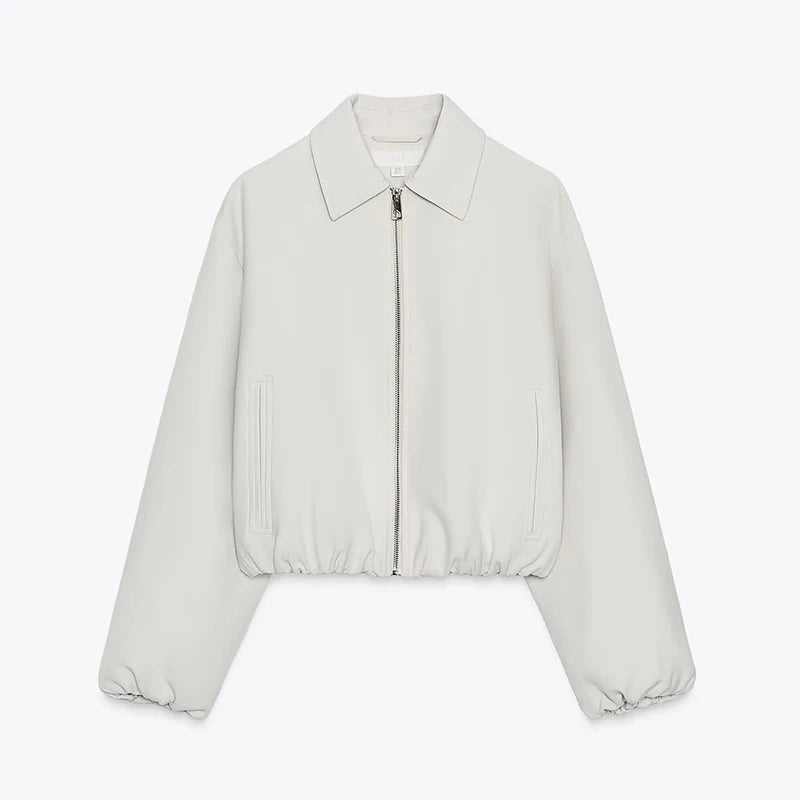 Casual Solid Zipper Lapel Short Jacket Women Long Sleeve .