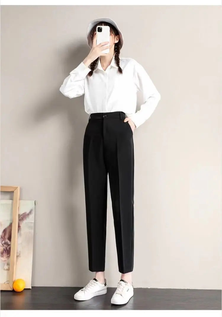 Fashion Office Pocket Black Loose Ankle-Length Pants Women New High Waist Korean Zipper Button All-match Lady Straight Trousers