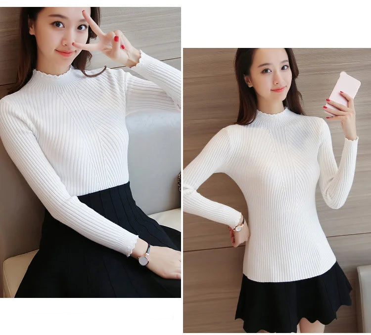 Autumn Women Mock Neck Ruffles Sweater Long Sleeve.