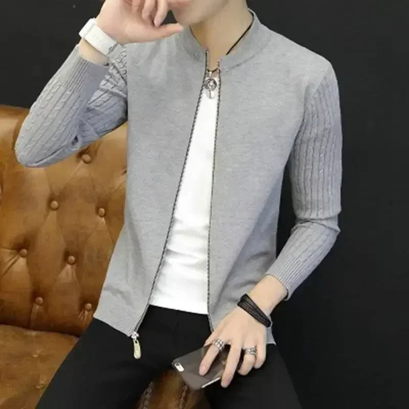 Knit Sweater Male Men's Clothing Cardigan Black Slim Fit Plain .