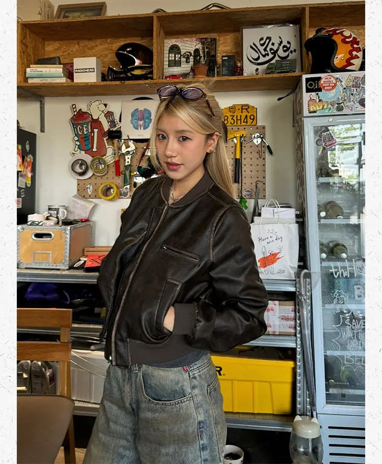 American Vintage Short Motorcycle Leather Jacket Women.