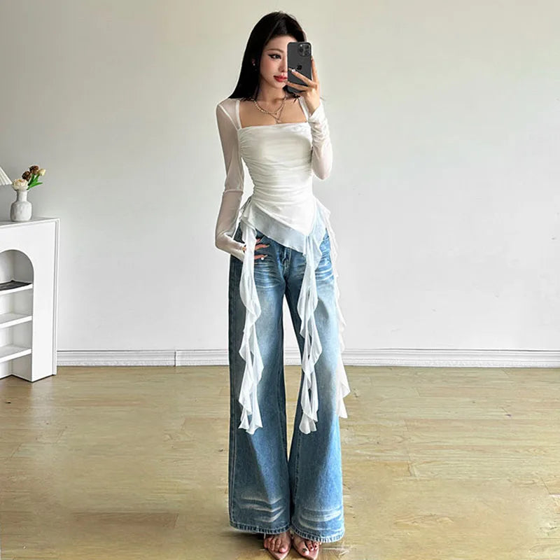 Ruffle Irregular Long Sleeve Women T Shirt Y2K Fashion Streetwear Patchwork Asymmetrical Top Korean Chic Sheer Mesh Ladies Tees