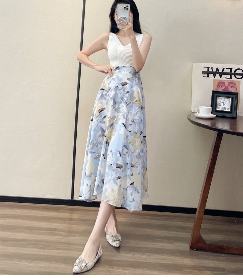 Summer High Waist Women Skirts Casual Floral Printed Chiffon.