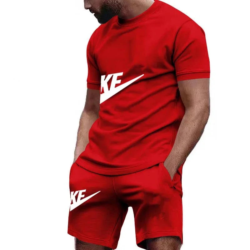 Men 2025 summer new casual sports suit Fashion breathable outdoor men's short-sleeved T-shirt + training shorts two-piece set