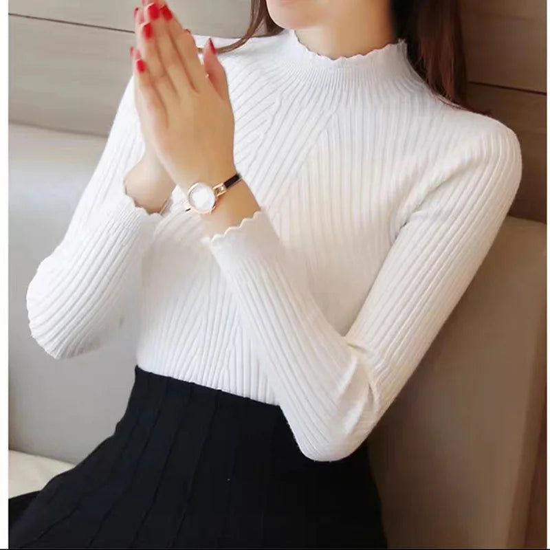 Autumn Women Mock Neck Ruffles Sweater Long Sleeve.