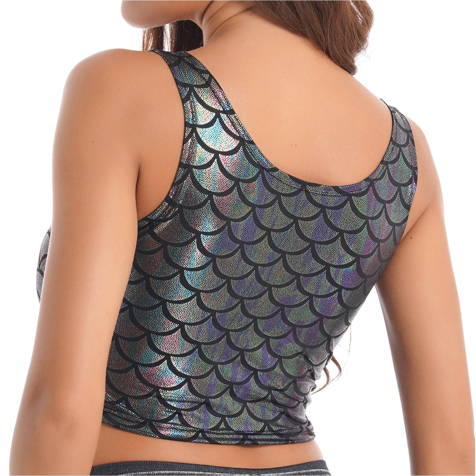 Women Shiny Metallic Crop Top Y2K Mermaid Fish Scale Print Cropped Tank Top Vest Festival Rave Pole Dance Costume Party Clubwear