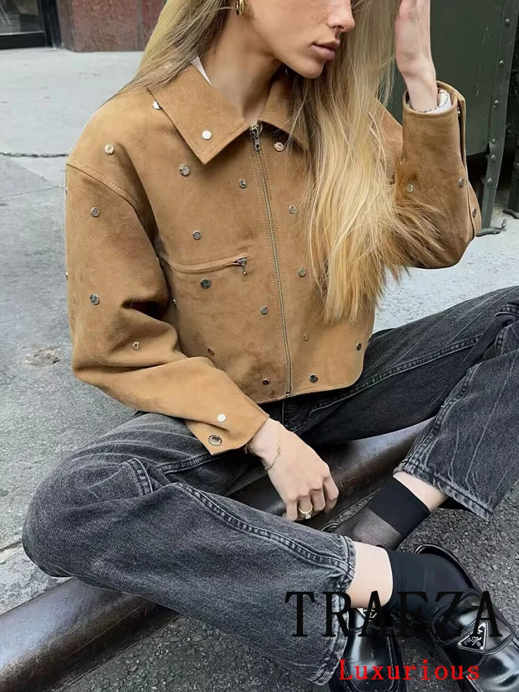 TRAFZA Casual Chic Women Solid Jackets Rivet Long Sleeve .