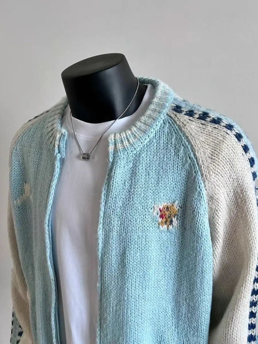 Design Knitted Wool Color-blocked Zipper Jacket Men's Winter .