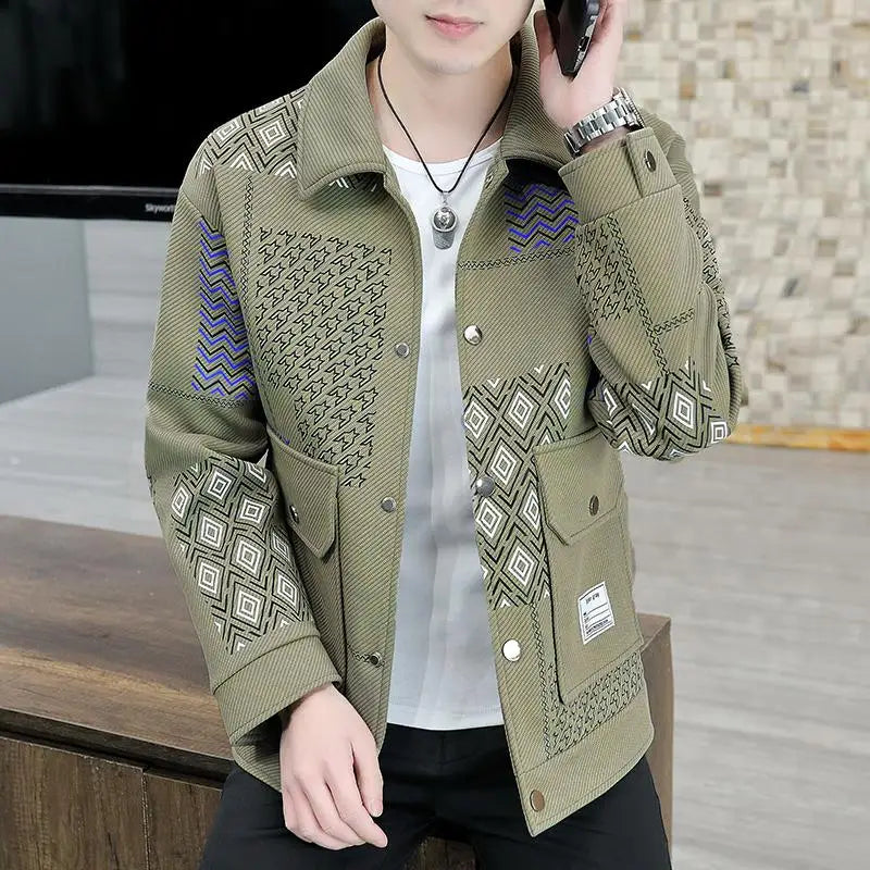 Brand Clothing Spring Autumn Men Coats Lapel Slim Print Jacket.