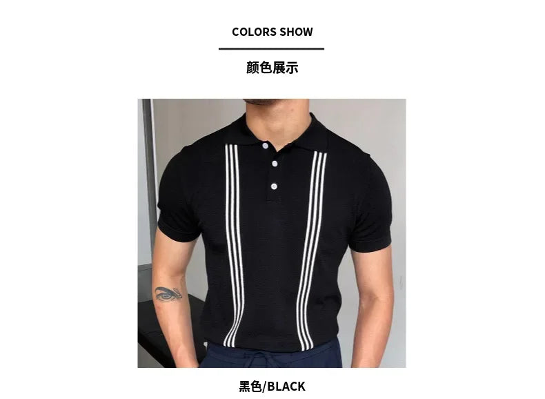 Men's Polo Shirts Vintage Striped Lightweight Knit Golf Shirts Classic Casual Short Sleeves Tops Male Business Social Shirt