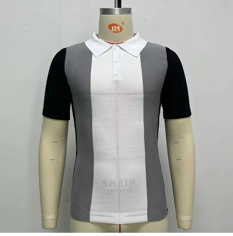 2025 Summer Contrast Color Knitted Polo Shirts Men Green Stripe Turn-down Collar Tops for Men Slim Fit Casual Business Polos