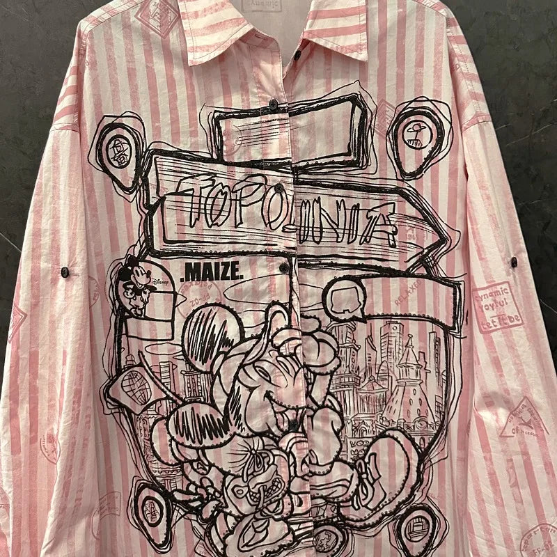 Spring and Summer New Cartoon Design Striped Long-sleeved Shirt Women's