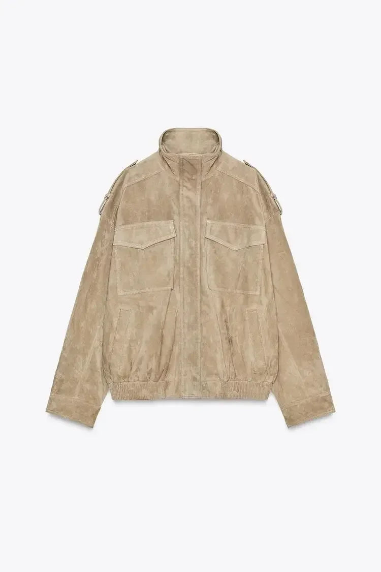 Solid Suede Zipper Cropped Jacket Women Casual Stand Collar .