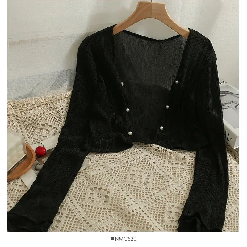 Button Front Crop Women Cardigan Sheer Knit Top Lightweight Bolero .