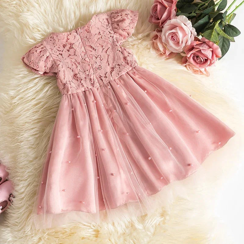 t Baby Girls Dress Ruffles Sleeves Solid Pearl Tulle Party Lace.