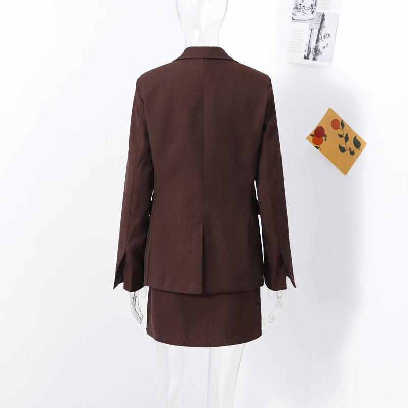 Elegant Lapel Blazer Skirt Set Women Casual Slim.