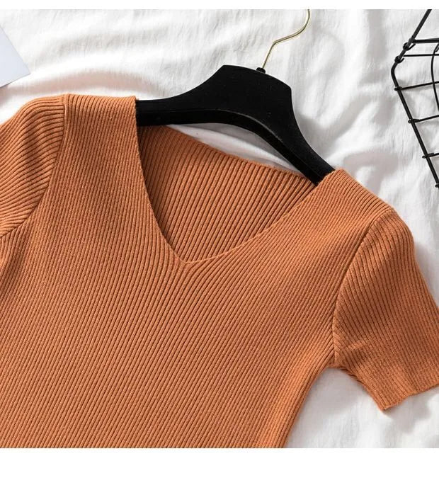 V-neck Solid Thin Summer Women Pullover Female Knitted Ribbed Sweater.
