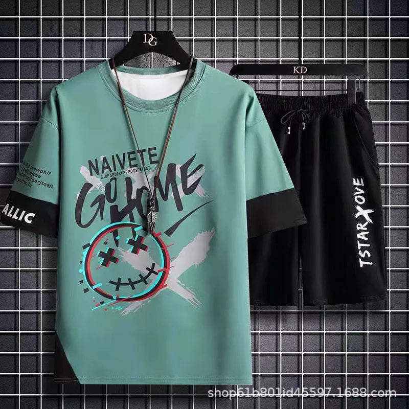 Summer Casual Set, Men's Thin and Trendy Round Neck Short Sleeved T-shirt,