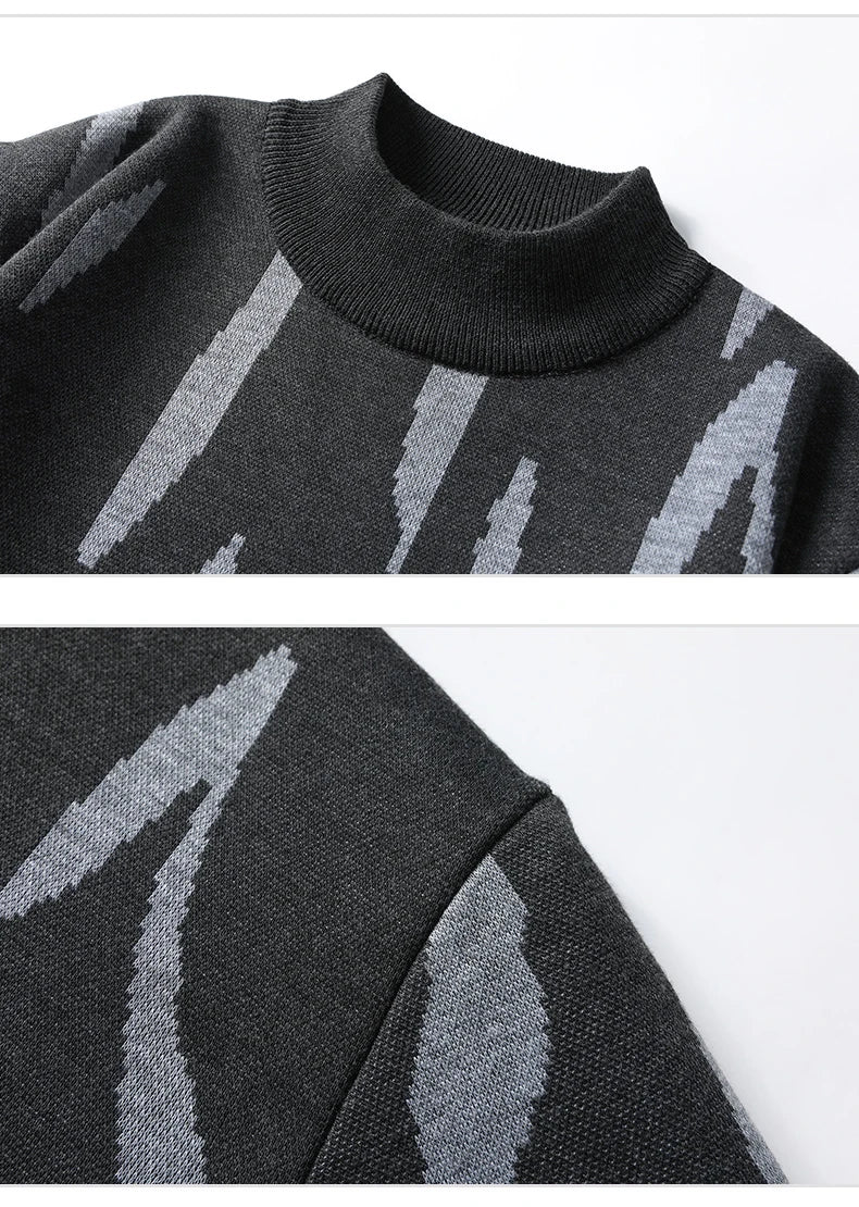 2024 M-4XL Autumn/Winter New Men's Sweater Half High Collar Zebra Pattern Color Blocked Velvet Knitted Sweater Warm Hoodie Top