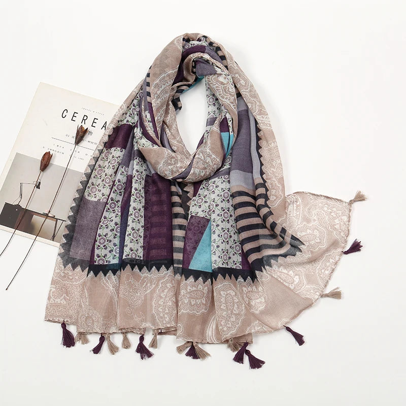 New Printed Soft Linen Cotton Scarf Shawls Women Muslim Hijabs Premium Foulard Femme Long Fresh Floral Tassel Scarves Echarpe