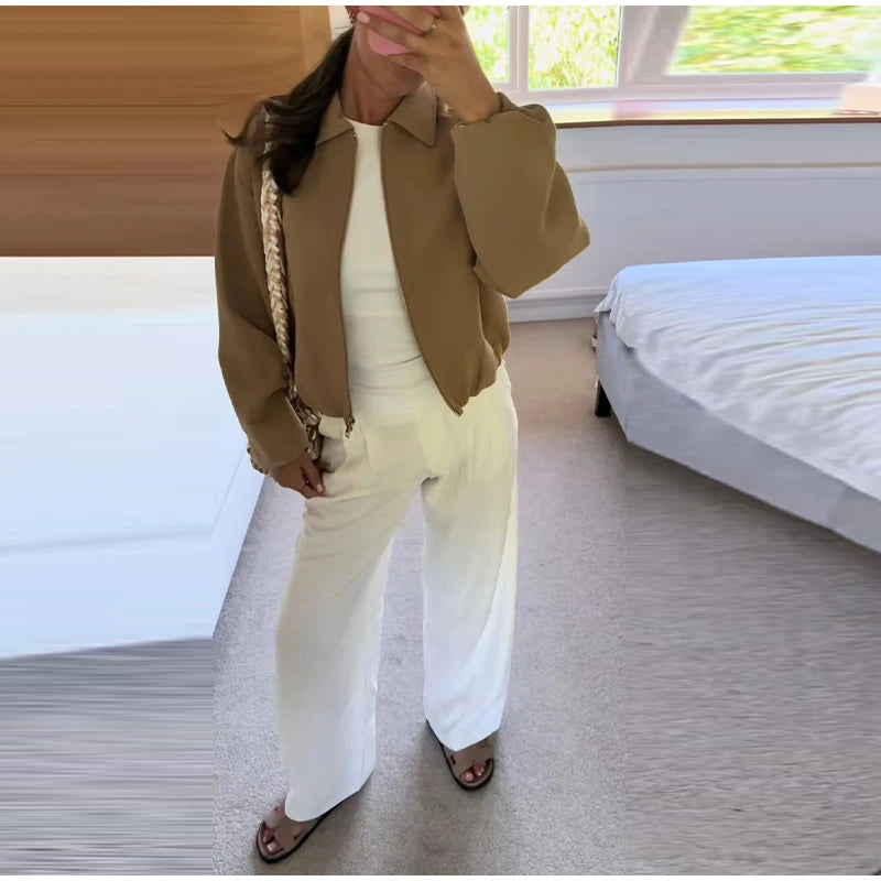 Casual Solid Zipper Lapel Short Jacket Women Long Sleeve .