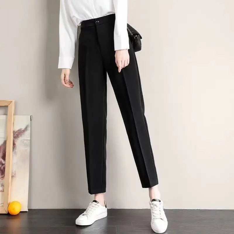 Fashion Office Pocket Black Loose Ankle-Length Pants Women New High Waist Korean Zipper Button All-match Lady Straight Trousers