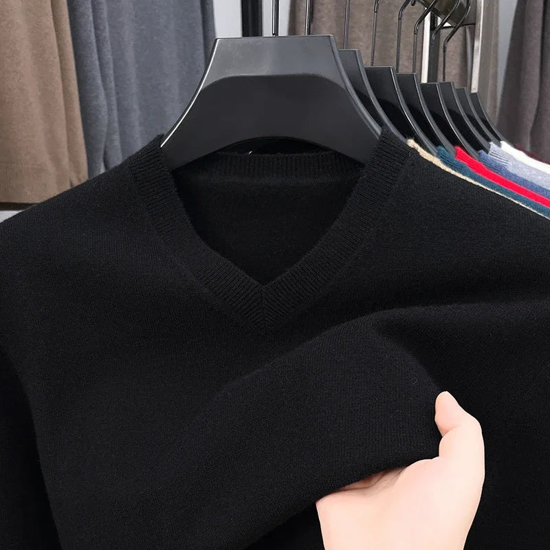 New Sweatwear Men's V Neck Basic Solid Color Sweaters Round Neck Elastic Pullovers Warm Autumn Knitted Oversized Sweater Men
