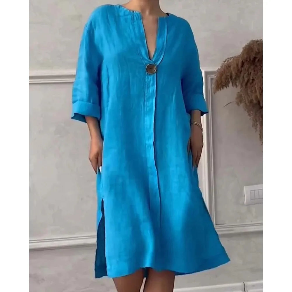 Loose V-neck Two Side Slit Pullover Dress Women's  Fahion./MH
