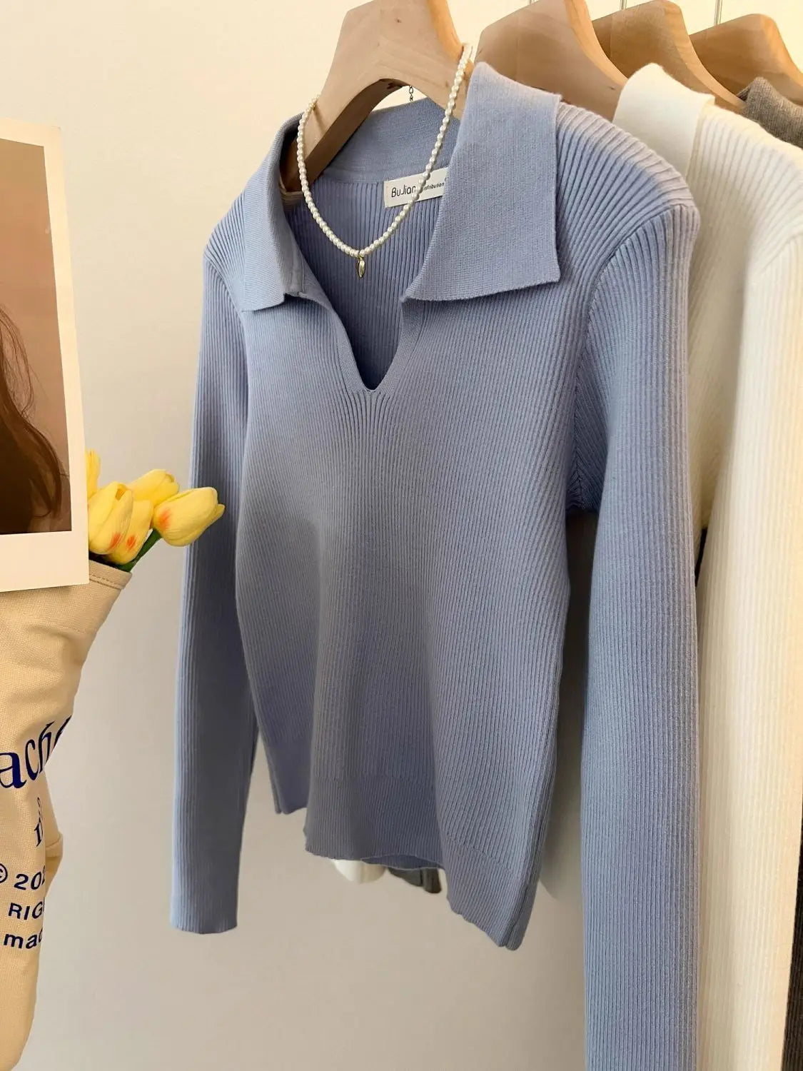 Women Clothing Vintage Fashion Solid Turn-down Collar Pullovers.