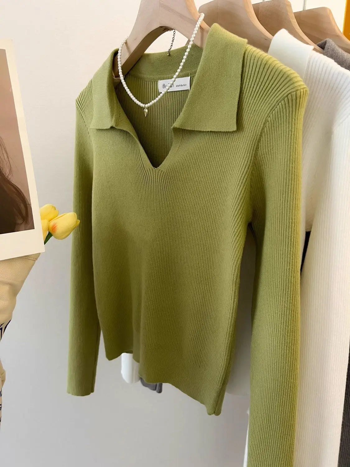 Women Clothing Vintage Fashion Solid Turn-down Collar Pullovers.