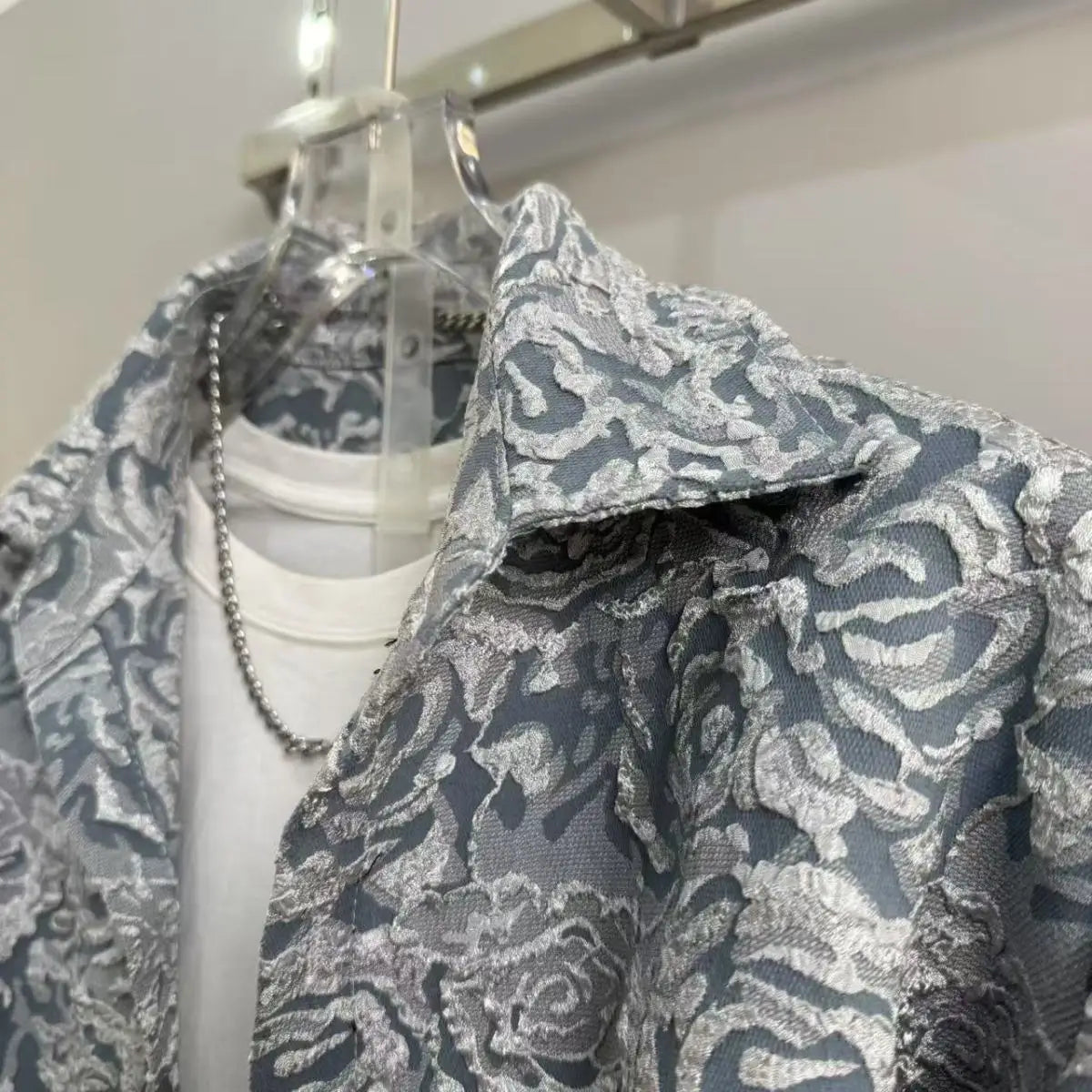 Men's Casual Suit Lapel Jacquard Shirt Trousers Two-piece Set .