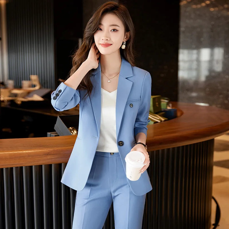 Office Lady Single Button Blazer Chic High Waisted Pants 2 Piece Set.