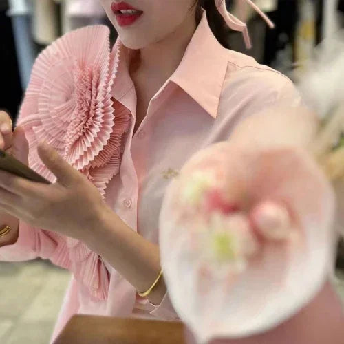 2025 Camisas De Mujer Blouse for Women Elegant Floral Shirts Oversized Tops Long Sleeve Fashion Pleated White Casual Blouses